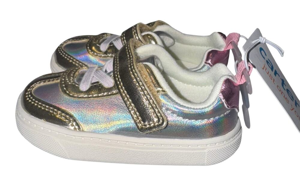 NWT Carters Toddler Girl Shoes Sz 4 Holographic with Gold Trim Easy On Walking